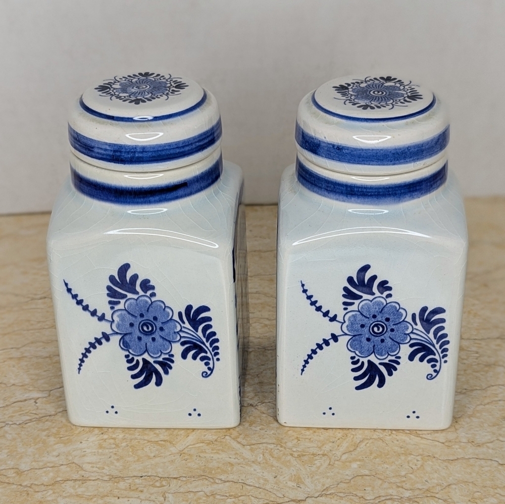 Vintage Pair Blue Delft Spice Jars Ceramic Lidded Holland Canisters - Picture 4 of 11